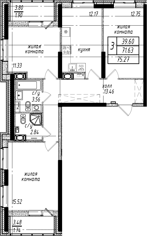 3-комнатная квартира 75.27 м², 4/25 эт., ЖК «Северная Долина»